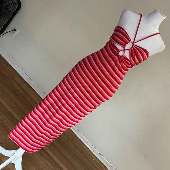 l*space Dresses & Skirts - L*Space Pink Orange Striped Keyhole Midi Dress XS NWT Nordstrom Lyocell Ribbed